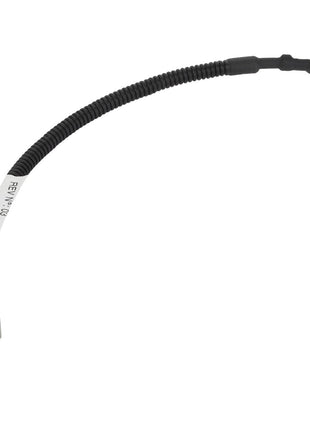 Introducing the AGCO | CABLE - ACP0328080 by AGCO – a curved black and white electrical cable equipped with metal ring terminals on both ends and featuring a flexible, corrugated sleeve in the center. This versatile product is supported by our dedicated team for any inquiries or assistance you may need.