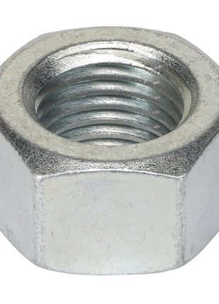 A close-up of the AGCO | Hex Nut - Acp0017900, a hexagonal metal nut with a threaded interior, typically used to fasten bolts in mechanical assemblies.