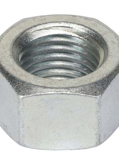 A close-up of the AGCO | Hex Nut - Acp0017900, a hexagonal metal nut with a threaded interior, typically used to fasten bolts in mechanical assemblies.