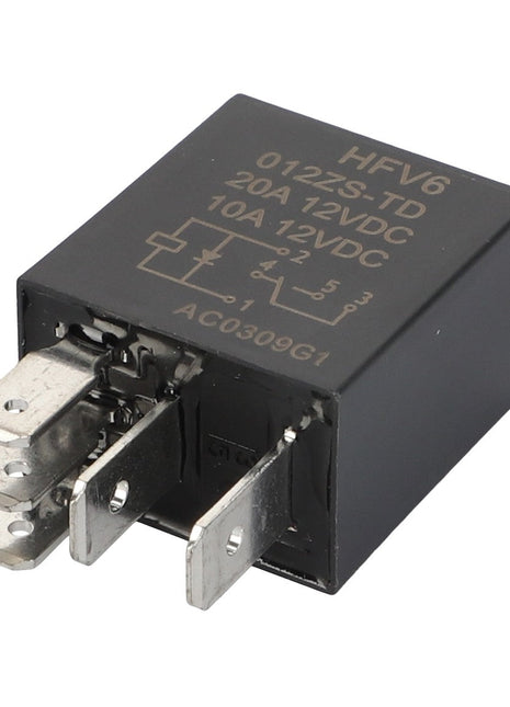 Image of a black AGCO relay model Acx3554650, showcasing electrical ratings of 20A 12VDC and 10A 12VDC. The unit features three sturdy metal prongs for reliable connection.