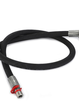 The AGCO | HOSE - AL9032633 is a black hydraulic hose featuring metal connectors on both ends, with one connector accented in red. It is shown coiled in a loose loop. No current product description information is available.