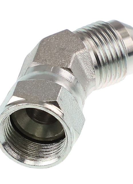 A detailed image of the AGCO Elbow Fitting - AG561341, featuring a metallic, threaded pipe fitting with an angled, hexagonal section and two differing thread sizes on each end.