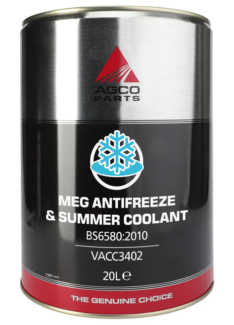 A 20-liter can of AGCO Parts Universal MEG Antifreeze & Summer Coolant, product code VACC3402, meets standard BS6580:2010. Engine protection is ensured with this high-quality antifreeze. The label features a snowflake and "The Genuine Choice" at the bottom.