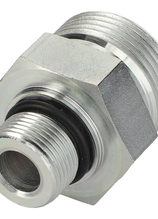 Close-up of an AGCO Union - Acw1966010 hydraulic adaptor featuring gleaming metallic construction, precisely threaded ends, and a snugly fitted O-ring.