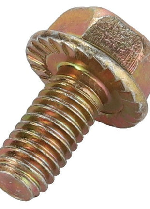 A close-up image of the AGCO | Round Head Square Neck Carriage Bolt - Va020730 showcases its hexagonal-head with a flanged base and threaded body. The bolt features a slightly worn, gold-toned finish. No current product description available.