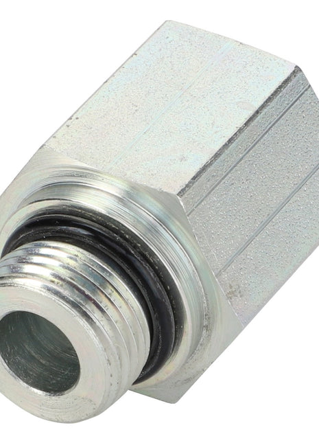 Introducing the AGCO Adapter - 8046724: a robust metallic hexagonal pipe fitting, designed with a threaded end and an O-ring seal to ensure secure connections.