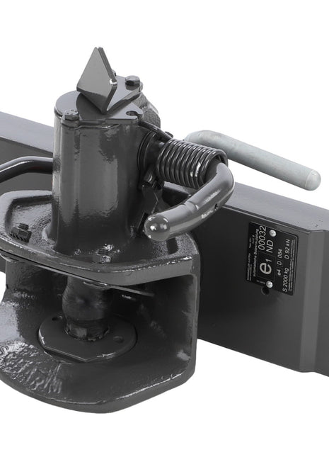 The AGCO Trailer Hitch, Automatic Clevis, 38 Pin - Acw2879540 is a heavy-duty industrial component with a mounted spring-loaded mechanism and an adjustable base. It features a dark finish and bolted connectors, making it ideal for genuine hitch components.