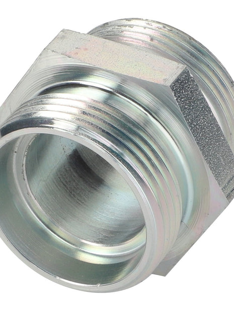 There is no current product description information available for the AGCO Union - Acw1634940, a metallic threaded pipe fitting with a hexagonal central section and two cylindrical threaded ends.