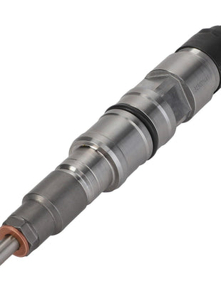 A metallic AGCO Injector - F339202710060 with cylindrical shapes, grooves, and a sharp tip is shown on a white background. No current product description available for this item from AGCO.