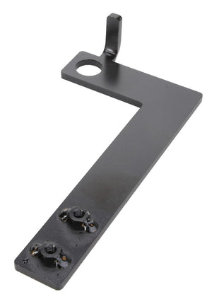 The AGCO | Bracket - Acw0514180 by AGCO is a sleek black metal bracket featuring two secure screws on the bottom left and a gracefully curved hook on the top end.