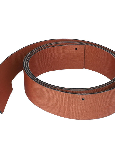 The AGCO | Rubber Seal - Acx0026310 by AGCO is a coiled brown sanding belt enhanced with black edges, showcasing a smooth abrasive surface and small perforations along one side. Product description information for this item is currently unavailable.