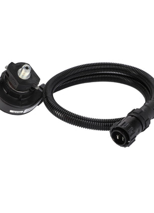 The AGCO Grain Bin Sensor - D28780404 features a flexible black hose that connects to a circular black plastic component, complete with a threaded metal fitting on one end and a cylindrical connector on the other. Currently, no additional product description information is available.