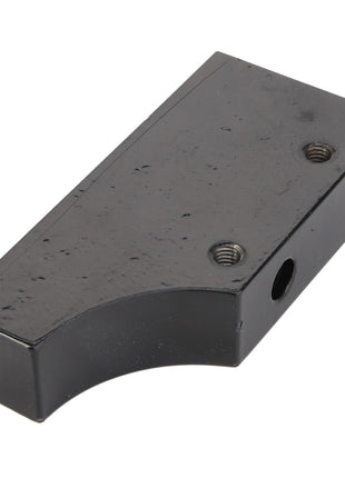 The AGCO | BRACKET - D28251419 is a rectangular black metal bracket featuring a curved indentation and several threaded screw holes. There is no additional product description information available at this time.