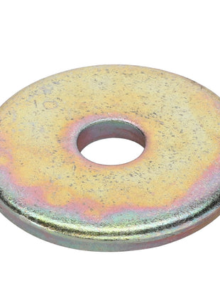The AGCO | Disc - 0910-80-44-00, a metallic flat washer with a central hole and a multicolored, slightly iridescent surface, is typically used in fastening applications to distribute load or prevent loosening.