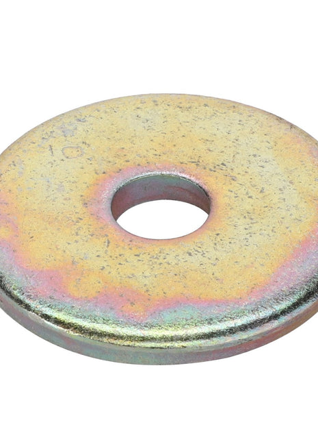 The AGCO | Disc - 0910-80-44-00, a metallic flat washer with a central hole and a multicolored, slightly iridescent surface, is typically used in fastening applications to distribute load or prevent loosening.