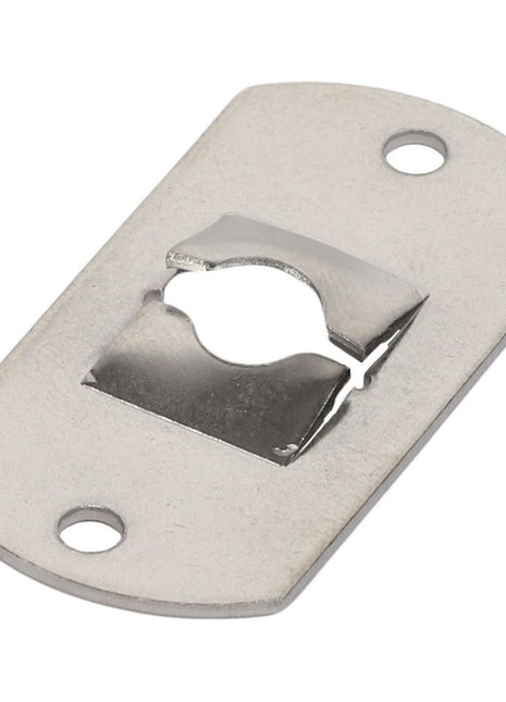 The AGCO | SPEED NUT - AG718296 is a silver rectangular metal plate featuring two holes on its shorter sides and a keyhole-shaped cutout in the center. No further product description information is available.