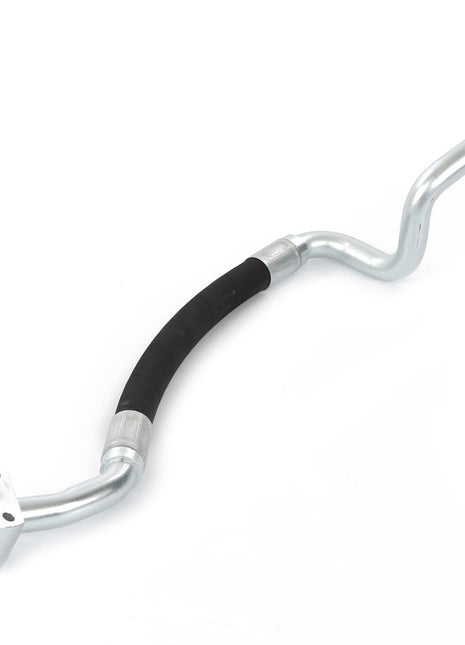 The AGCO | Pipe - H743940010041 is a metal automotive part featuring a black rubber section in the middle. This component is curved and includes a flat, rectangular base on one end and a circular opening on the other, specifically designed for compatibility with Valtra Models to ensure efficient performance.