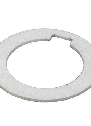 The AGCO Washer - La300134501, a flat, circular metal washer from the AGCO brand, features a single notch on one side.