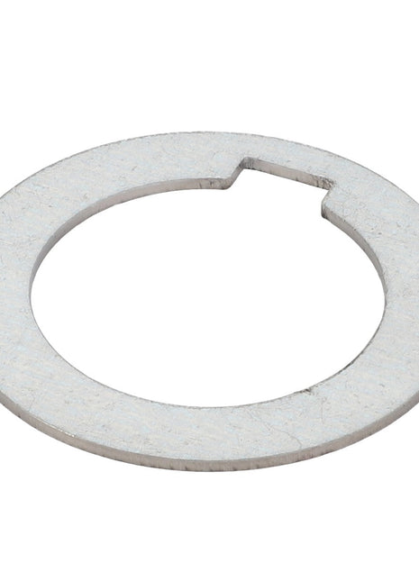 The AGCO Washer - La300134501, a flat, circular metal washer from the AGCO brand, features a single notch on one side.