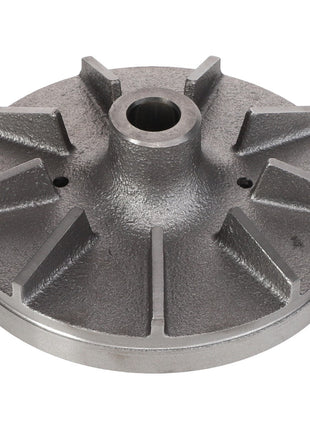 The AGCO Impeller - V836336047 is a round metal mechanical part with a central hole and several evenly spaced raised radial fins, resembling the intricate precision found in high-quality gear systems.