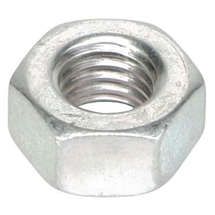 A close-up image of the AGCO | HEX NUT - ACP0413220 by AGCO, highlighting its six-sided shape and threaded interior. Perfect for securing various components, this detailed product description aids in accurate ordering.
