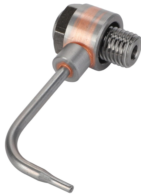 The AGCO Piston Cooling Jet - Acx2619820 is a metal fuel injector designed for internal combustion engines, equipped with a threaded connector at one end and a curved, narrow nozzle at the other. Product description information is currently unavailable.