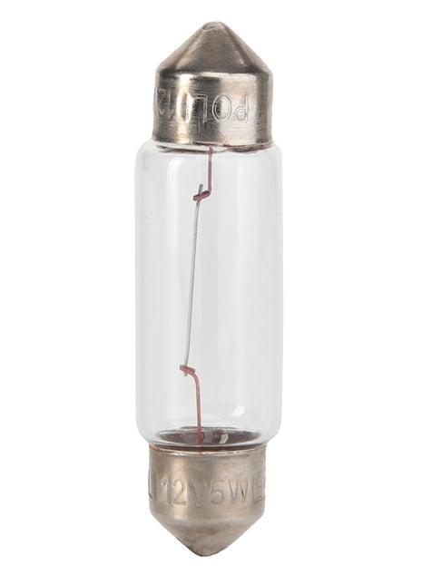 A close-up image of the AGCO | BULB - LA10863090, from the AGCO brand, features metal ends and a transparent glass body, showcasing a clearly visible filament inside.