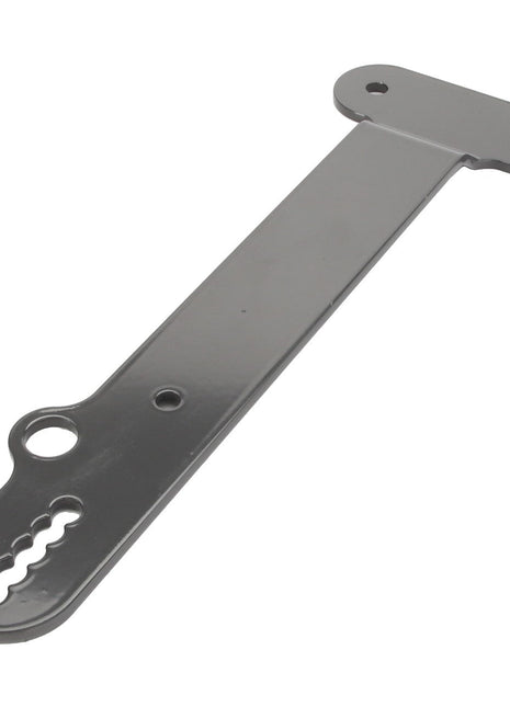 The AGCO Bracket - Acw0661970 by AGCO is a metal bracket featuring three holes on one end and a smaller set of holes on the other, designed for mounting or securing objects. Currently, no additional product description information is available for this item.