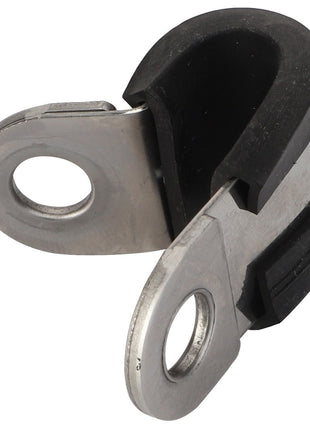 Close-up of the AGCO | CLIP - F926880010300, a metal P-clamp with a black rubber cushion, featuring two circular holes for mounting. Unfortunately, no current product description information is available.