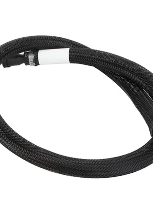 The AGCO | Fuel Hose - Acw3066600 is a coiled black braided hose equipped with fittings on both ends, featuring one silver metal connector and one black plastic connector.