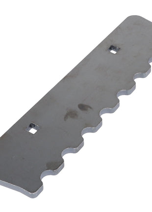 Introducing the AGCO Wear Plate - Acw9124750: A rectangular metal plate featuring a unique wavy edge and adorned with two precise square cutouts from the renowned AGCO brand.