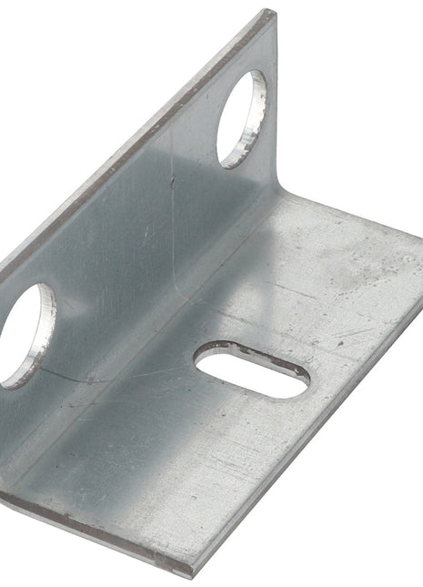 No current product description is available for the AGCO Angle - Fel152687 metal L-bracket, which features two circular holes on one side and a single longer hole on the perpendicular side.