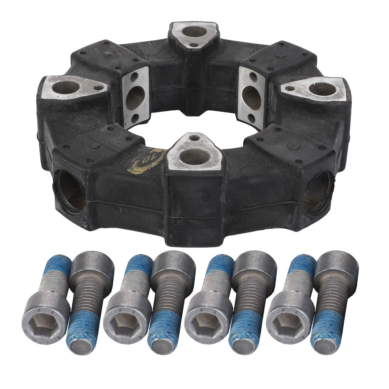 The AGCO Shock Absorber - 4276436M91 is a hexagonal rubber coupling with metallic inserts, secured by six blue-threaded bolts with hexagonal heads, and is designed to seamlessly fit into Massey Ferguson Models and Dyna-6 transmissions.