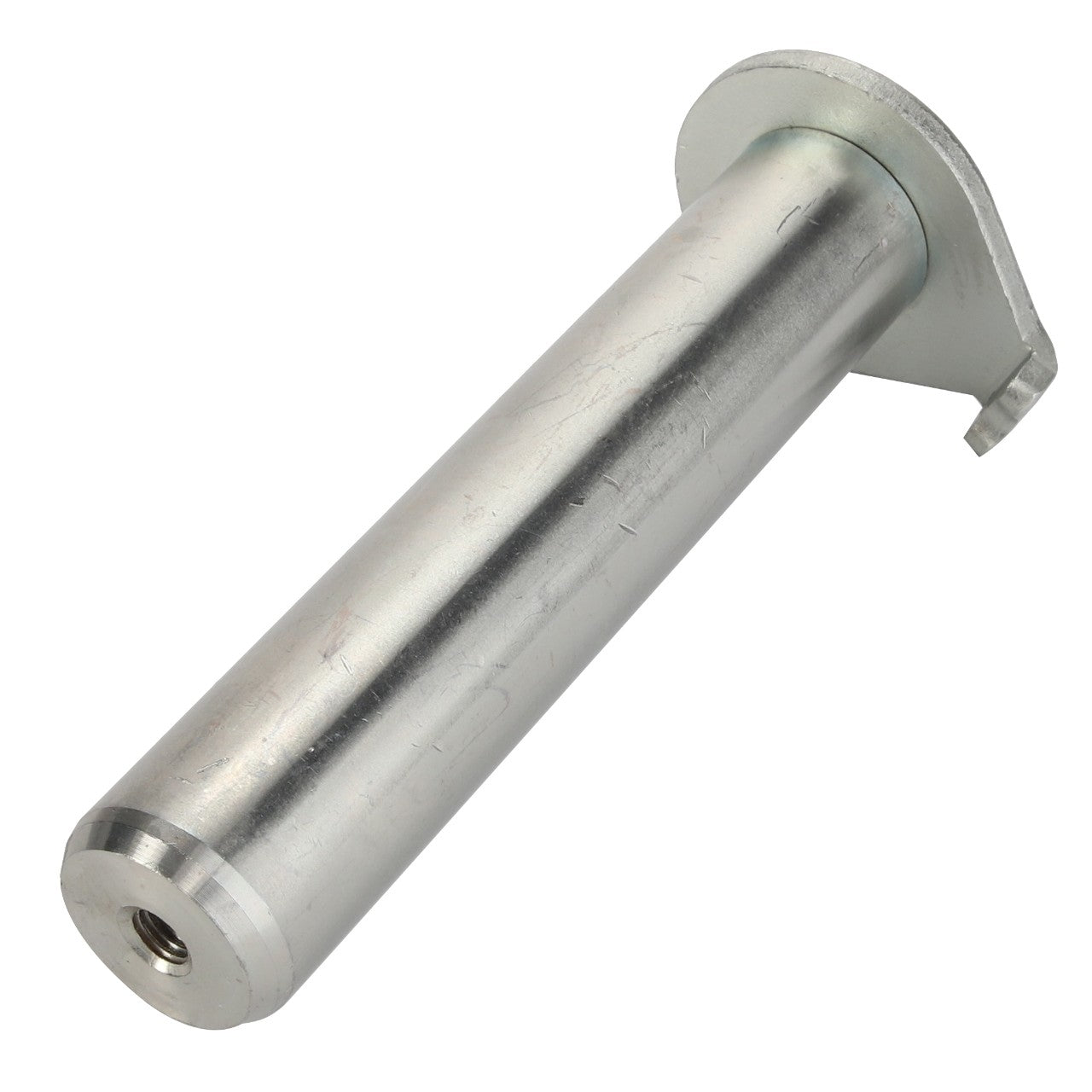 The AGCO PIN - AL9020063 is a cylindrical metal rod with a flat, perpendicular base featuring a circular hole at the opposite end and a protruding tab on one side. It is commonly used as pivot pins in AGCO front loader assemblies.