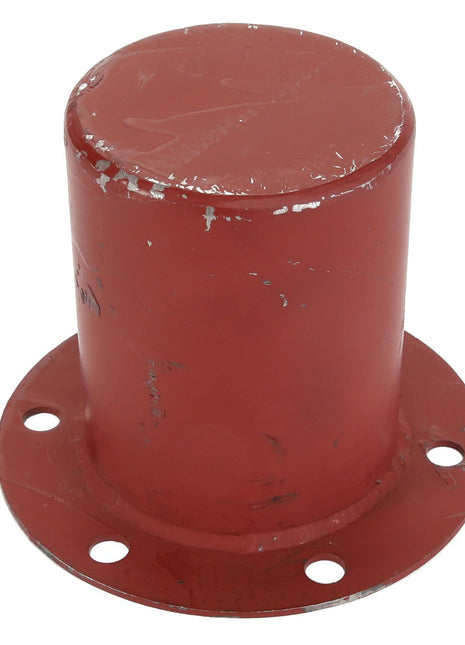 The AGCO | CAP - D28851122 from AGCO, a red cylindrical metal pipe end cap with a flat top, flanged base, and four bolt holes, sits securely in place.