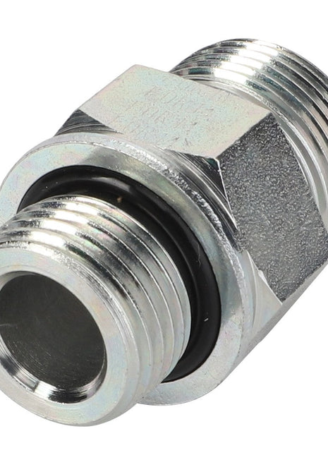 No current product description is available for the AGCO | Fitting - Acp0325980 metal hydraulic adapter, which includes a hexagonal nut, male-male threaded ends, and an O-ring for sealing.