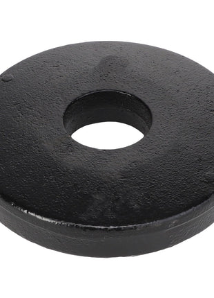 A powerful AGCO | Gang End Washer - Acp0018830, a black, circular iron plate with a center hole designed to enhance your strength training.