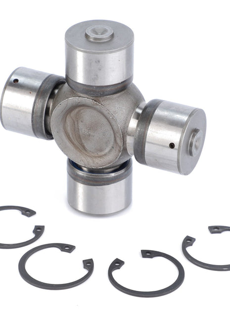 Image of a universal joint (U-joint) with four retaining clips laid out around it on a white background, demonstrating the transmission of power for prolonged service life. Featuring the AGCO Cross Joint - F743300020570 for exceptional durability.