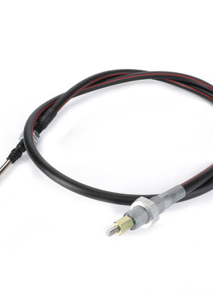 A black throttle cable with metallic connectors on both ends, coiled in a loop with red stripes running along its length, ensures operating safety and reliability. This AGCO | Control Cable, Loader - AL5020311 by AGCO is designed for optimal performance in electrical parts applications.