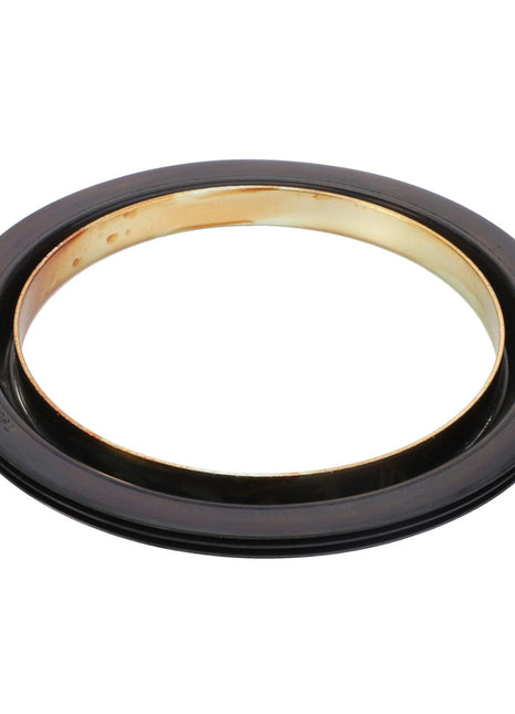 A black rubber gasket with a golden inner lining, designed specifically for Massey Ferguson models and forming a circular shape, known as the AGCO Seal - 4307366M1.