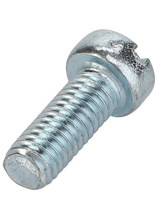 A close-up of the AGCO Screw Unf - 377024X1 showcases its metallic, slotted hex head, threaded body with a shiny finish, set against a white background. This durable screw is ideal for various tractor parts and is compatible with Massey Ferguson models.