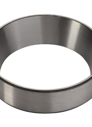 Product Name: AGCO | BEARING CUP - AG706697
Brand Name: AGCO

Rewritten Sentence:
The AGCO BEARING CUP - AG706697 is a metallic cylindrical ring with a smooth, reflective surface and a hollow center, positioned upright, resembling a Tapered Roller Bearing designed to handle both radial loads and thrust loads.