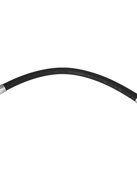 The AGCO Hose - Acx2761770 is a flexible black rubber hose with metallic connectors at both ends, slightly curved in shape, and engineered for durability and reliability.