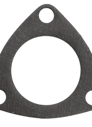 The AGCO Gasket - V836183803 is a unique triangular gasket featuring three holes: one centrally located and two smaller ones near the corners, making it distinct from other available gaskets.
