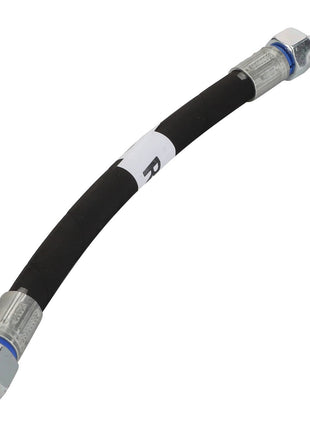 Image of the AGCO hydraulic hose (Acp0294200) in black, featuring metal fittings at both ends—one end straight and the other bent at an angle. The hose includes a white label with text and blue ring markings near the connectors.