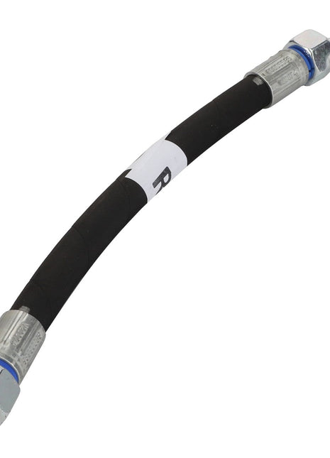 Image of the AGCO hydraulic hose (Acp0294200) in black, featuring metal fittings at both ends—one end straight and the other bent at an angle. The hose includes a white label with text and blue ring markings near the connectors.