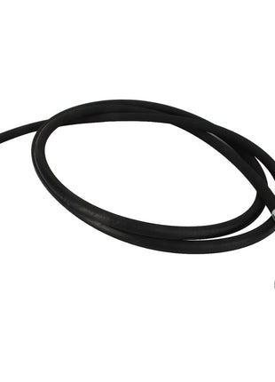 The AGCO | WARNING DECAL - ACP0537240 includes metal connectors at both ends, with one angled and one straight for versatile installation and features a black flexible hydraulic hose.