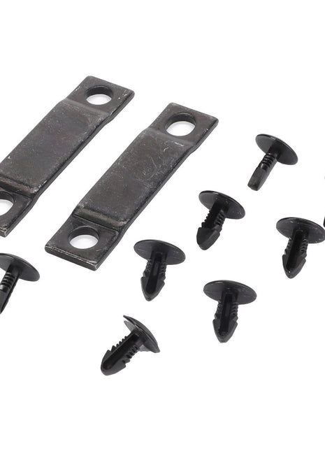 AGCO's Seat Component Kit - F931502030550, featuring two metal brackets with mounting holes and eight black plastic rivets, is arranged on a white background. No current product description information is available.