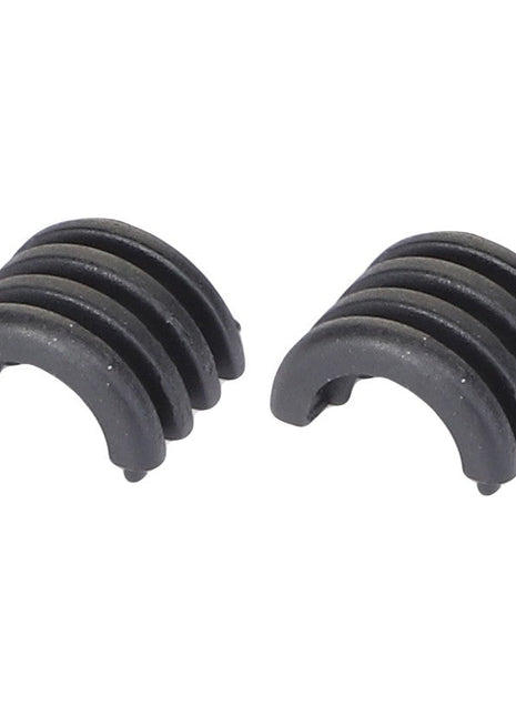 Two sets of AGCO | Reducer - F530200050750 black semi-circular plastic clips arranged side by side on a white background. Please note: No current product description available for this product.