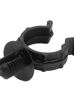 The AGCO Clip - Acw2023760 is a black plastic cable clamp featuring a circular opening and a screw-like attachment for secure fitting.